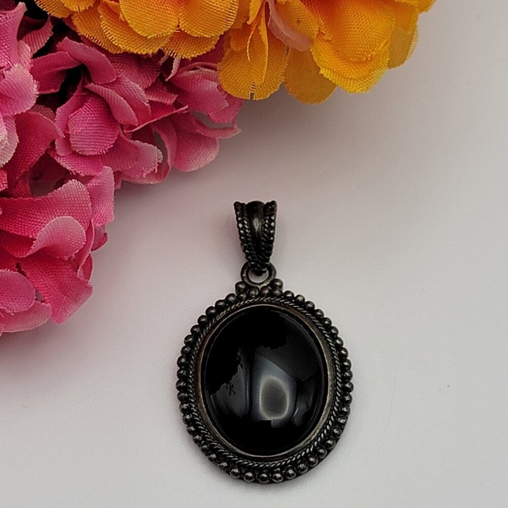 Vintage 925  Sterling Silver Black Onyx Pendant 1.75" Vtg. Signed HAN Thailand